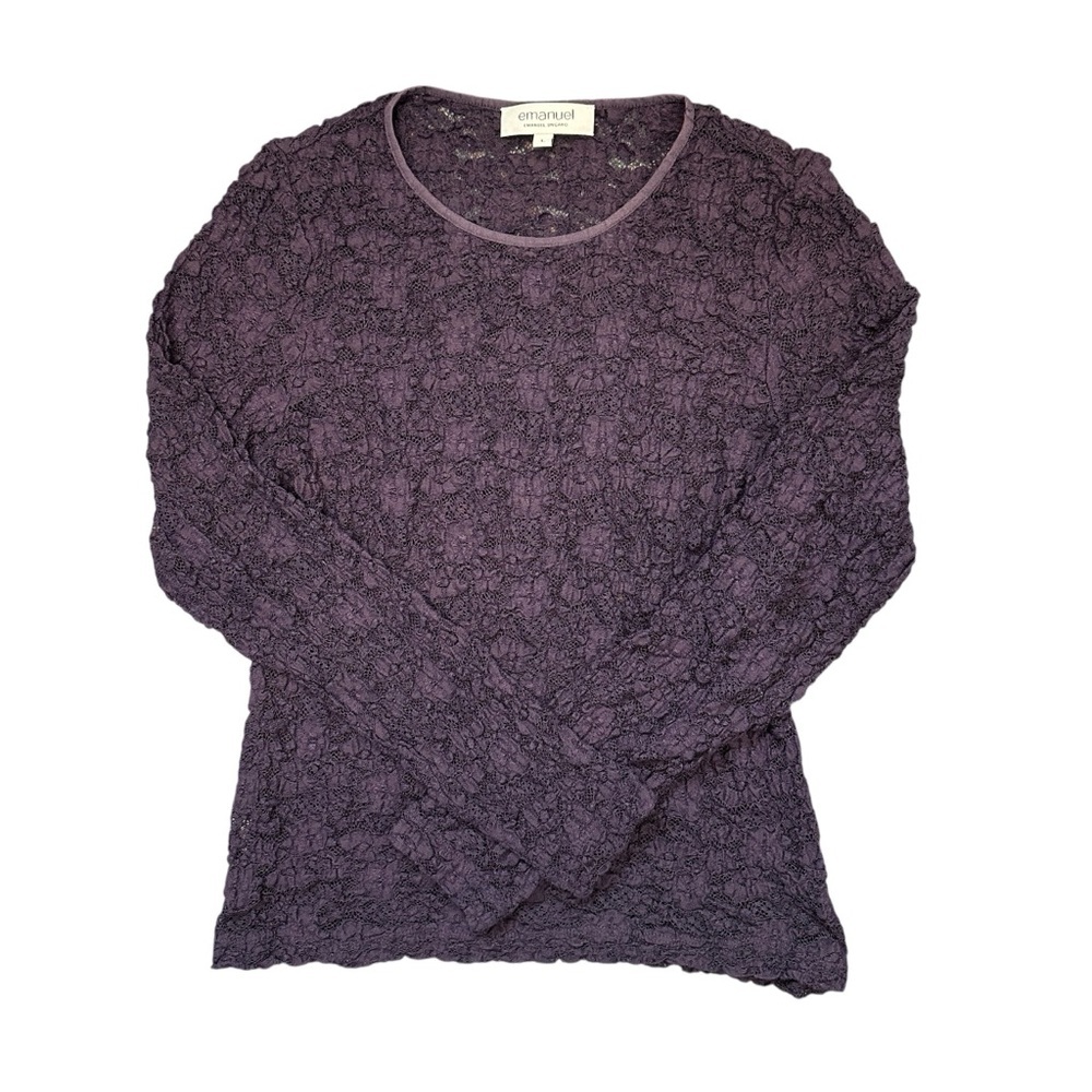 Emanuel Ungaro purple stretchy sheer floral knit artsy contemporary top Size L